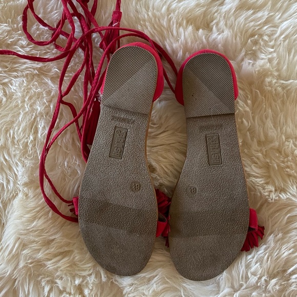 Brash Raspberry Ankle Tie Sandals with Fluffy Faux Suede Strap - Picture 3 of 13